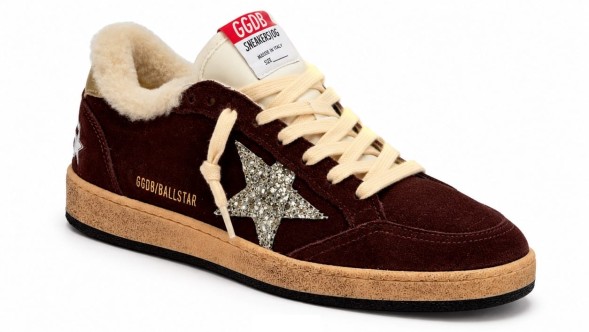 Женские зимние кеды Golden Goose Ball-Star Winter Brown Shearling With Silver Glitter Star
