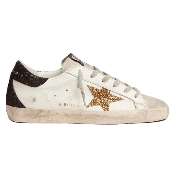 Женские кеды Golden Goose Super-Star In Nappa Leather With Gold Glitter Star And Black Glitter Heel tab