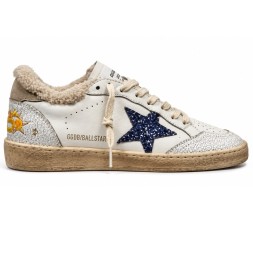 Golden Goose Super-Star Winter White Shearling Blue Glitter Star