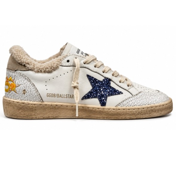Женские зимние кеды Golden Goose Super-Star Winter White Shearling Blue Glitter Star