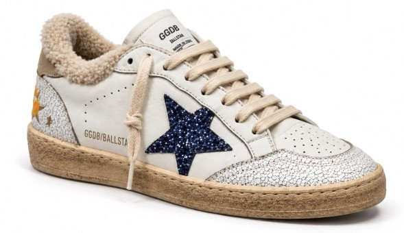 Женские зимние кеды Golden Goose Super-Star Winter White Shearling Blue Glitter Star