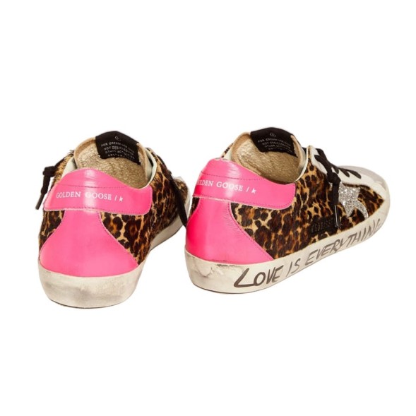 Женские кеды Golden Goose Superstar in Leopard Pint with Silver Glitter Star and Fuchsia Heel Tab