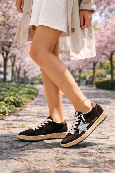 Женские кеды Golden Goose Ball Star Brown Suede with Silver Glitter Star