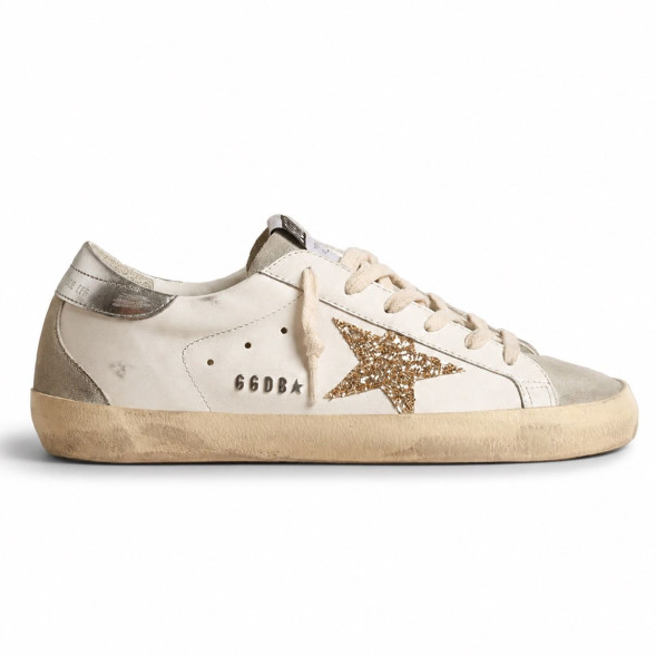 Женские кеды Golden Goose GG Super-Star With Gold Glitter Star and Ice-Gray Suede Inserts