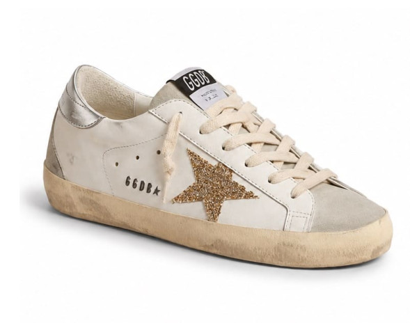 Женские кеды Golden Goose GG Super-Star With Gold Glitter Star and Ice-Gray Suede Inserts