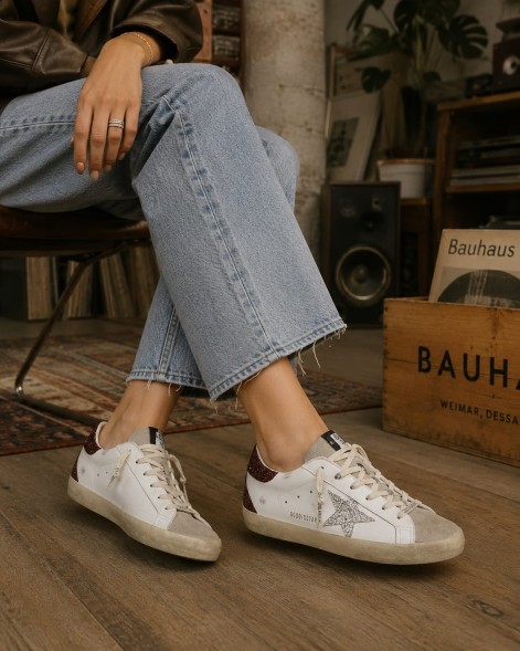 Женские кеды Golden Goose Superstar Bordeaux Silver Glitter