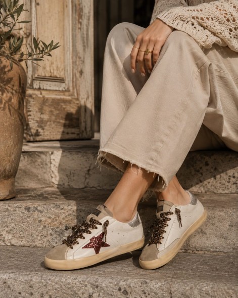 Женские кеды Golden Goose Superstar Burgundy Glitter Star and Silver Heel Tab