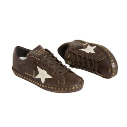 Golden Goose Superstar in Brown Leather with Cream Suede Star and Studs