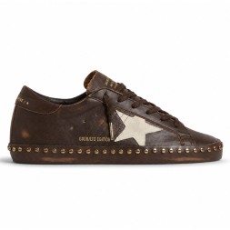 Golden Goose Superstar in Brown Leather with Cream Suede Star and Studs