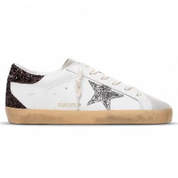Golden Goose Superstar Silver Star and Brown Glitter Heel Tab